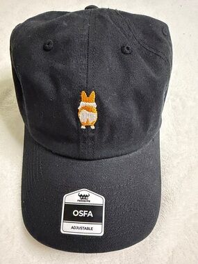 Black Baseball Cap with Orange Corgi Embroidery